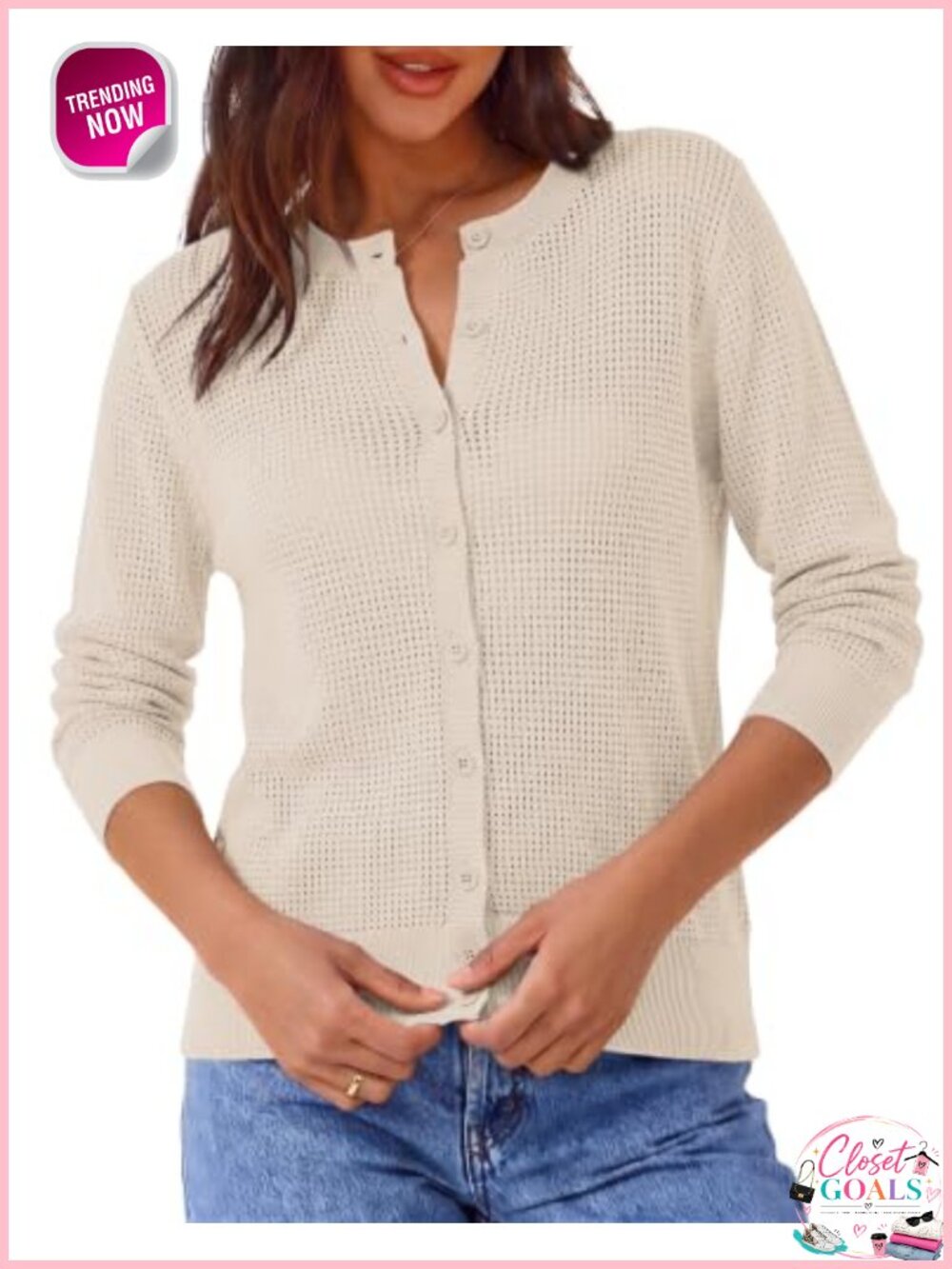 Hollow Knit Button Front Cardigan Long Sleeve Crew Neck Fall Spring Layer